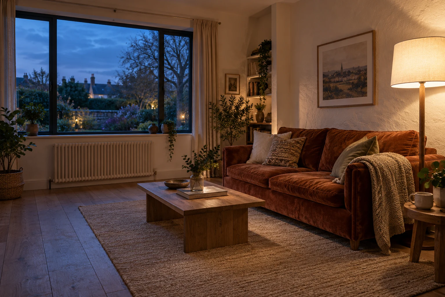 A welcoming living room with a rust-coloured sofa, a warm floor lamp and a view onto the garden